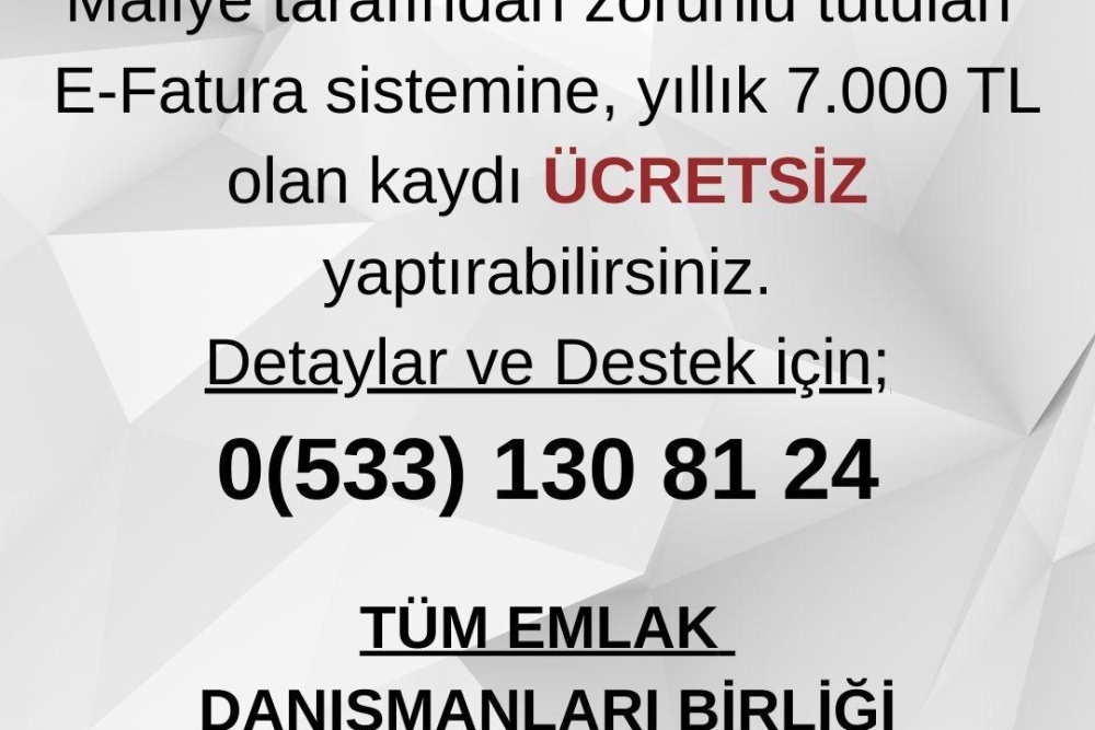 Değerli TEDB üyelerimiz maliye tarafından zorunlu tutulan E- fatura sistemine, yıllık 7000 TL olan kaydı ÜCRETSİZ yaptırabilirsiniz 
